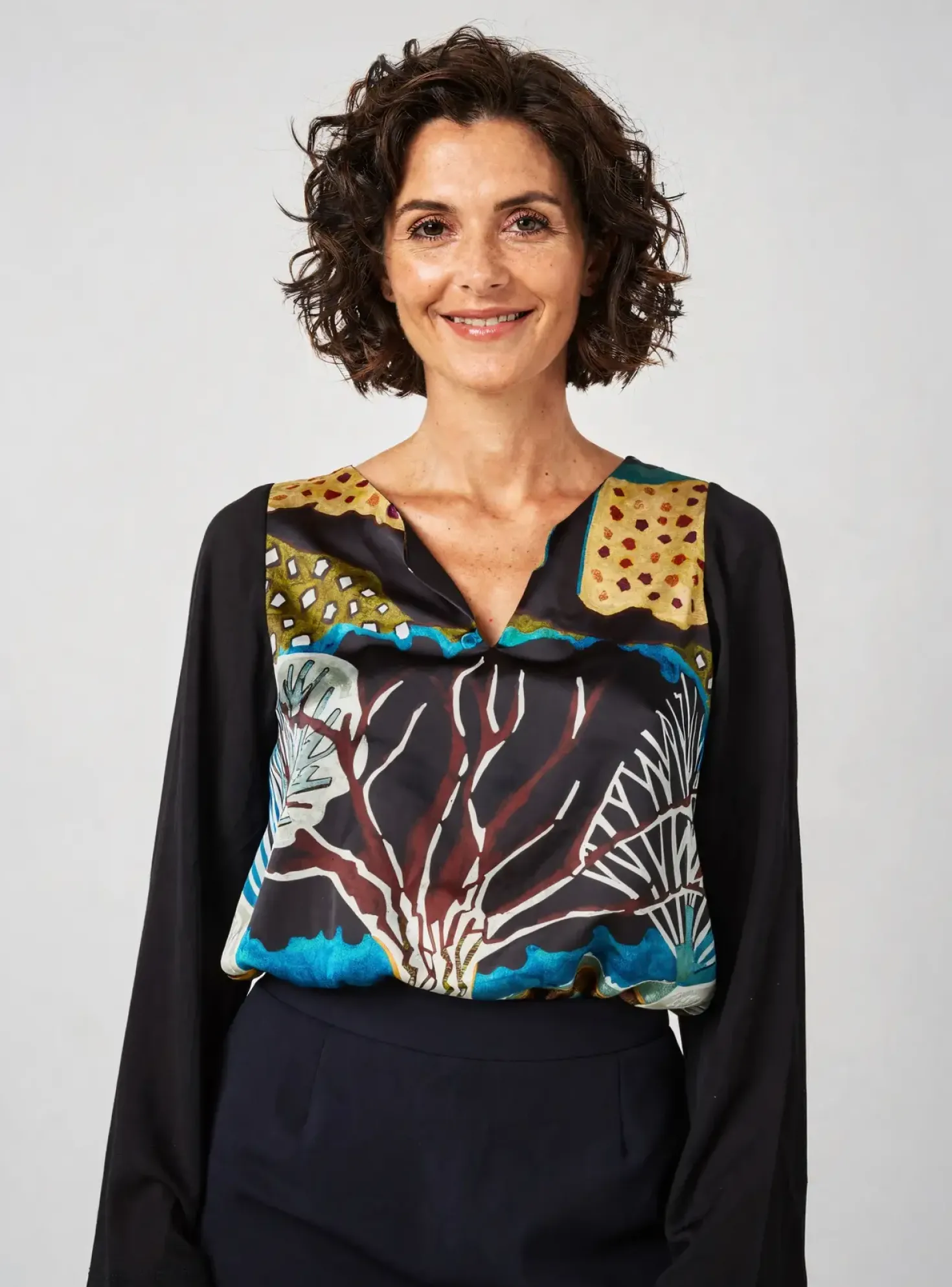 Blouse Poissons Blancs Noir Manches Longues