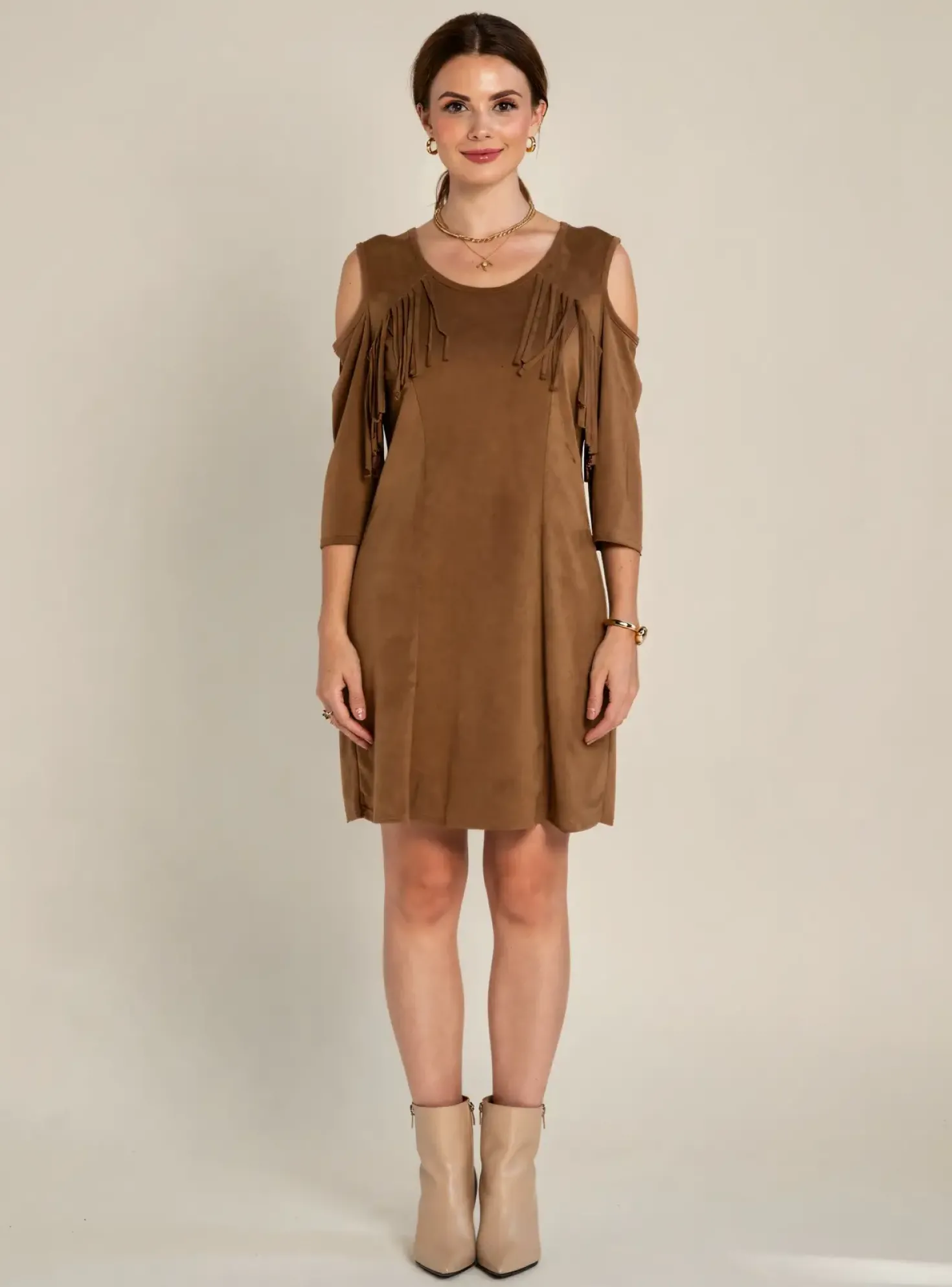 Robe Courte Ell'a Marron Fonce Manches Longues