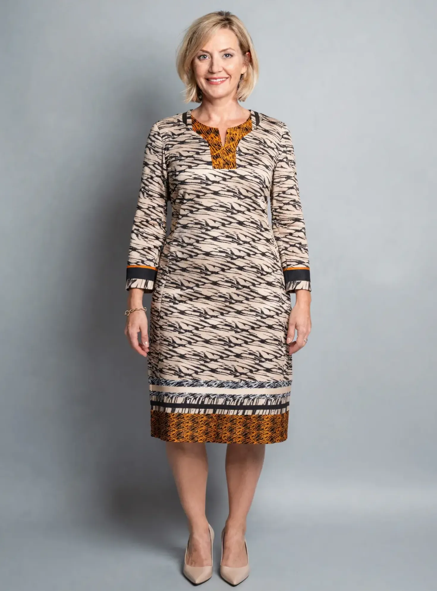 Robe Mi-longue Gevana Beige Manches 3/4