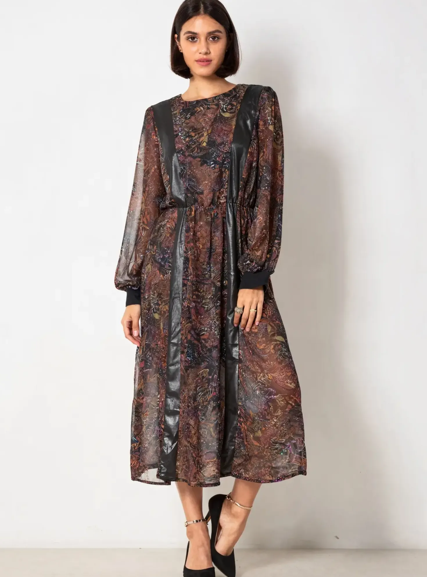 Robe Mi-longue Nü Marron Manches Longues